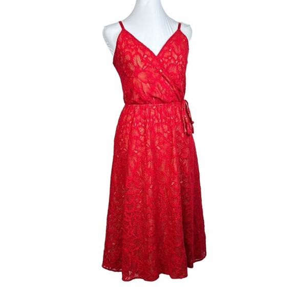 ALI & JAY Dress Womens Size S Red Lace Wrap Front Drawstring Waist Delicate Chic - Picture 2 of 12